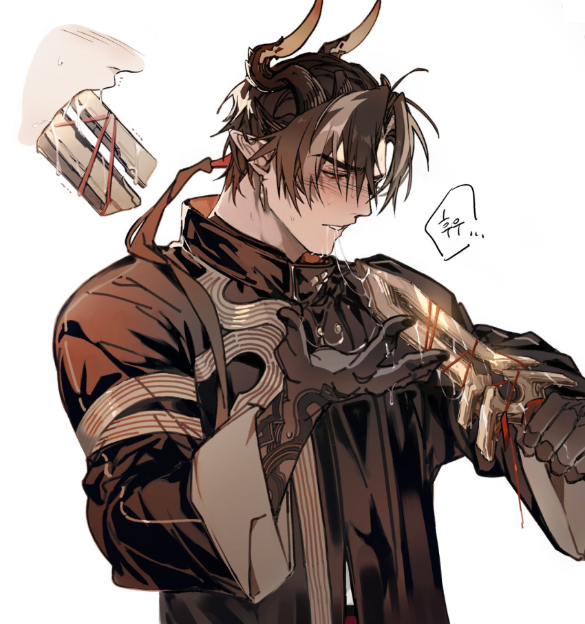 1boy arknights arm_tattoo black_jacket blush brown_hair chong_yue_(arknights) collared_jacket dragon_boy dragon_horns earrings from_side gyulseu hand_up head_down highres holding holding_weapon horns jacket jewelry light_frown looking_down low_ponytail male_focus multicolored_hair parted_bangs parted_lips pointy_ears red_eyes saliva saliva_drip saliva_trail simple_background solo streaked_hair sweatdrop tattoo upper_body weapon weapon_in_mouth