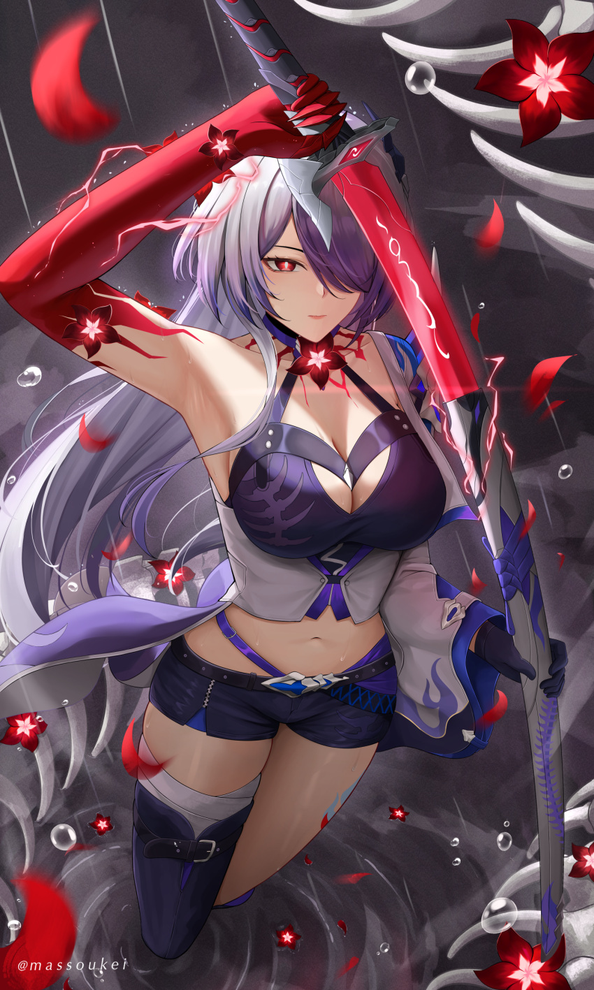 1girl absurdres acheron_(honkai:_star_rail) armpits black_shorts breasts cleavage crop_top flower highres holding holding_sword holding_weapon honkai:_star_rail honkai_(series) katana large_breasts leg_tattoo long_hair massoukei navel red_eyes red_flower shorts stomach sword tattoo thighs weapon white_hair