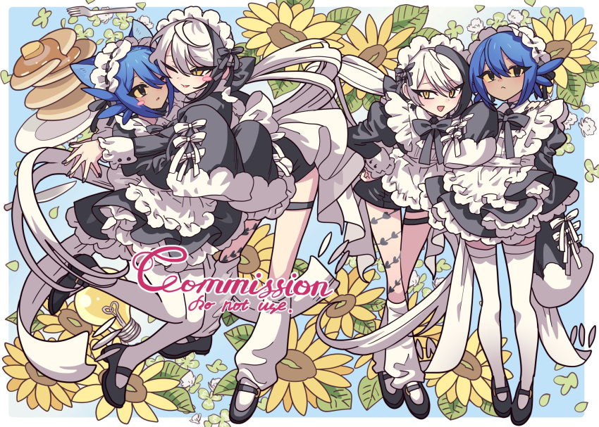 1girl 1other apron bad_id bad_twitter_id black_dress black_footwear blue_hair border commission dress floral_background flower food fork frilled_apron frills full_body highres hug leaning_forward leg_warmers long_hair looking_at_viewer maid maid_headdress mary_janes meremero multiple_views niko_(oneshot) oneshot_(game) open_mouth original pancake pancake_stack plate ribbon shoes short_hair sleeves_past_fingers sleeves_past_wrists smile standing sunflower thigh_strap thighhighs very_long_hair white_border white_hair white_ribbon yellow_eyes yellow_flower
