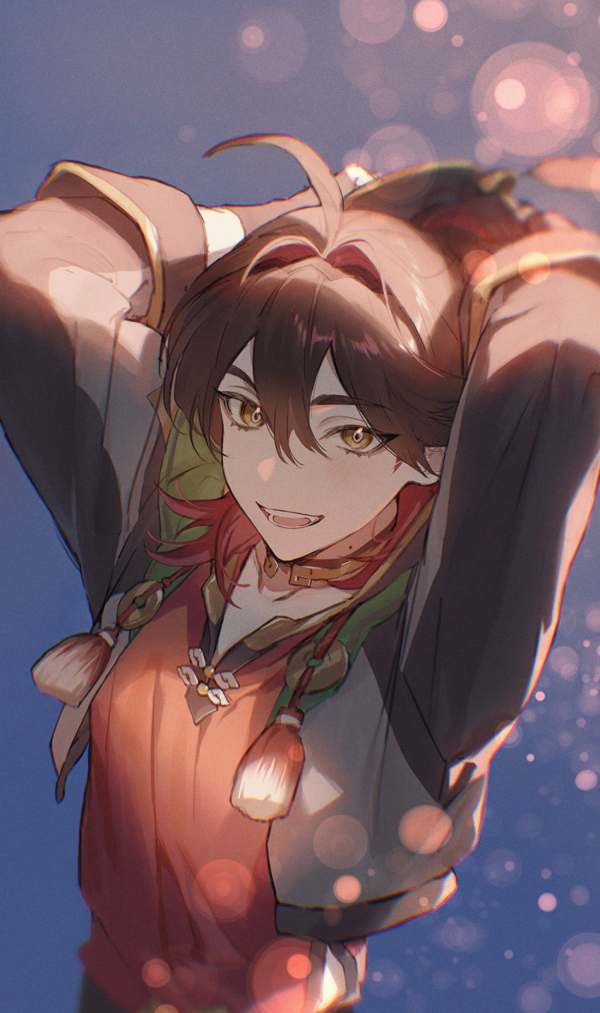 1boy ahoge arms_behind_head arms_up brown_eyes brown_hair collarbone colored_inner_hair cropped_hoodie drawstring fang gaming_(genshin_impact) genshin_impact grey_hoodie hair_between_eyes hair_intakes highres hood hood_down hoodie jewelry lens_flare long_sleeves looking_at_viewer male_focus medium_hair mole mole_on_neck multicolored_hair neck_ring open_clothes open_hoodie open_mouth red_hair red_shirt sachico66 shirt sleeves_rolled_up smile solo tassel teeth two-tone_hair upper_body