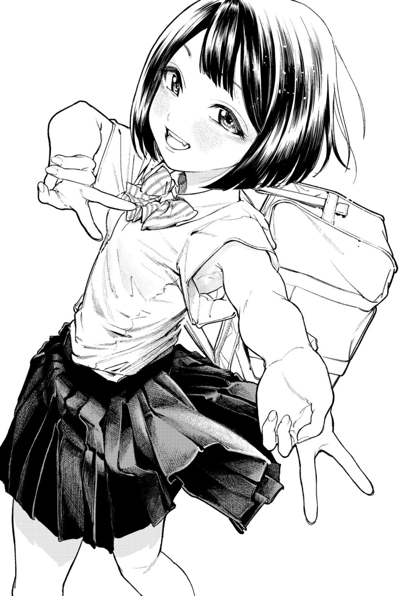 1girl bag blush bow bowtie collared_shirt double_v greyscale highres looking_at_viewer monochrome morimoto_atsushi open_mouth original pleated_skirt school_bag school_uniform shirt short_hair short_sleeves simple_background skirt smile solo v