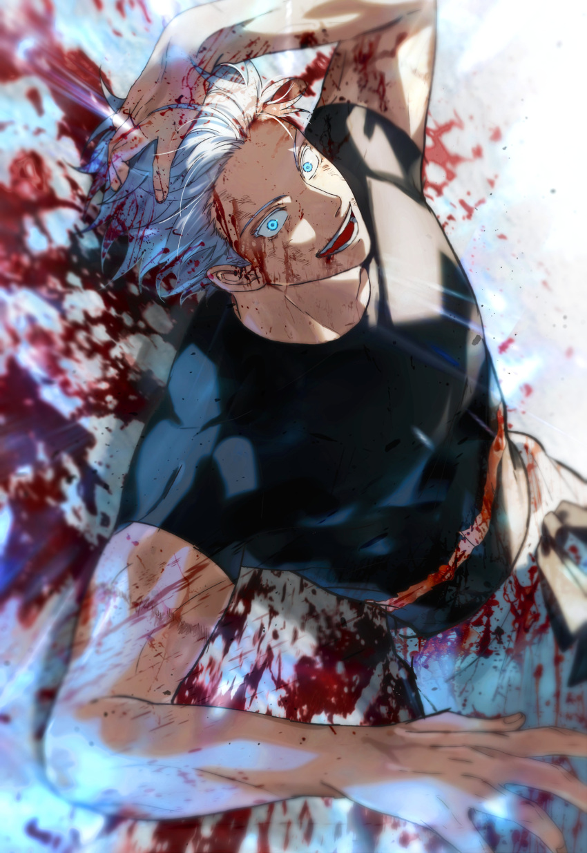 1boy absurdres black_shirt blood blood_on_arm blood_on_face blood_on_wall blue_eyes blurry clothes_around_waist cowboy_shot depth_of_field dutch_angle evil_smile glowing glowing_eyes gojou_satoru hair_slicked_back hand_in_own_hair highres jujutsu_kaisen looking_at_viewer male_focus open_mouth shirt short_sleeves smile solo teeth torn_clothes torn_shirt white_hair yoon_(dmsco1803)