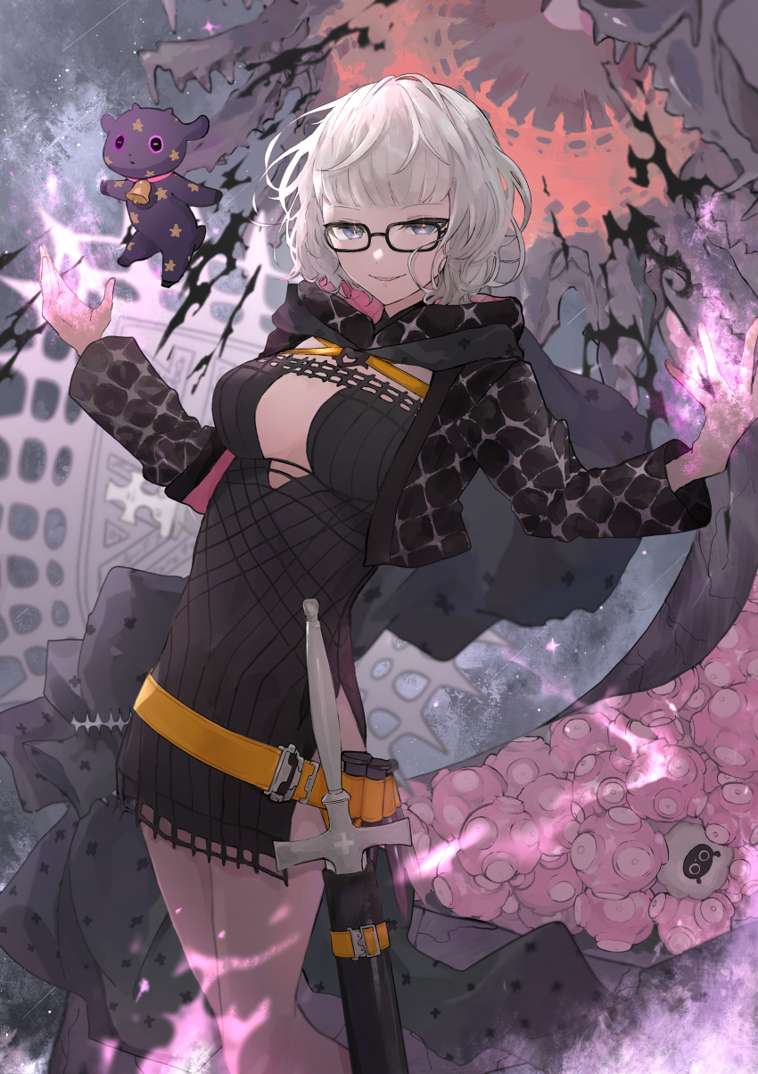 1girl absurdres baphomet_(fate) belt black_dress black_jacket blue_eyes breasts cleavage cropped_jacket dress fate/grand_order fate_(series) fire glasses grey_hair highres hood hooded_jacket jacket jacques_de_molay_(foreigner)_(fate) jacques_de_molay_(foreigner)_(second_ascension)_(fate) jtgbaaa lamb large_breasts long_sleeves looking_at_viewer open_clothes open_jacket pink_fire sheath sheep shield short_dress short_hair smile sword tentacles thighs weapon
