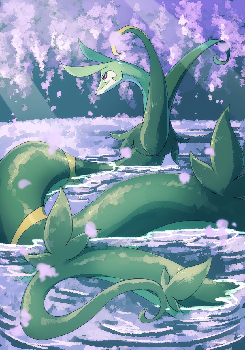 absurdres animal animal_focus back cherry_blossoms colored_skin green_skin highres in_water lake no_humans ohayou_milk outdoors pokemon pokemon_(creature) red_eyes serperior snake swimming tail tree water