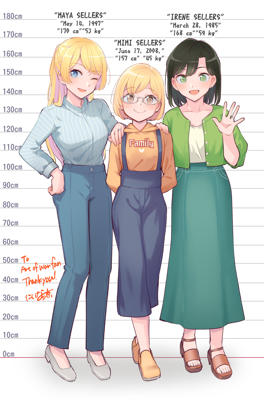 absurdres age_difference black_hair blonde_hair blue_eyes brown_eyes character_name commission green_eyes height_chart highres irene_(ricky_barnes) jewelry maya_(ricky_barnes) mimi_(ricky_barnes) mother_and_daughter niina_ryou original ring sandals skeb_commission tall_female wedding_ring weight wife_and_wife yuri