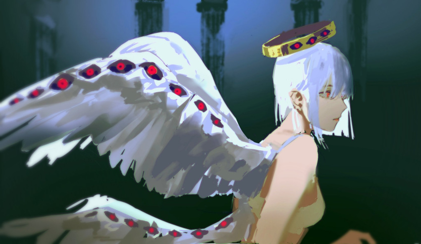 1girl angel angel_wings biblically_accurate_angel bob_cut bra closed_mouth extra_eyes from_side halo highres keibleh medium_hair multiple_wings original profile red_eyes solo underwear white_bra white_hair white_wings wings