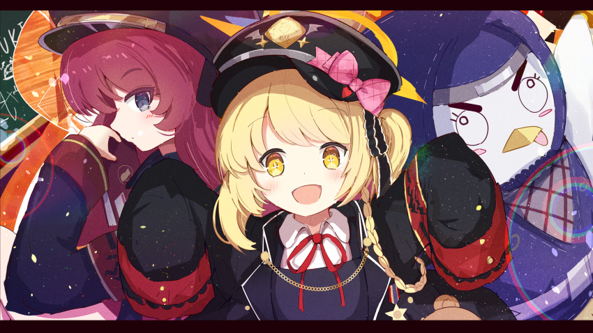 2girls arms_up black_hat black_jacket blonde_hair blue_archive bow chamoraile commentary_request grey_eyes hat hat_bow highres ibuki_(blue_archive) iroha_(blue_archive) jacket long_braid long_hair long_sleeves looking_at_another looking_at_viewer multiple_girls one_side_up open_mouth outstretched_arms peaked_cap peroro_(blue_archive) red_hair sleeves_past_fingers sleeves_past_wrists smile tongue tongue_out upper_body yellow_eyes