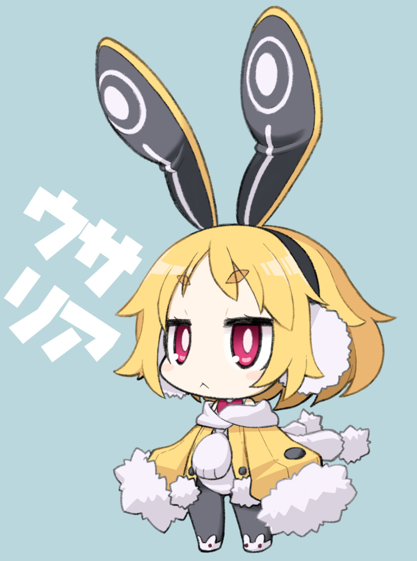 1girl :&lt; animal_ear_hairband animal_ears arms_at_sides black_pantyhose blonde_hair blue_background bright_pupils character_name chibi coat disgaea earmuffs fake_animal_ears full_body fur-trimmed_coat fur_trim hairband highres jitome leotard long_sleeves looking_at_viewer makai_senki_disgaea_5 open_clothes open_coat pantyhose rabbit_ear_hairband rabbit_ears red_eyes scarf short_eyebrows short_hair simple_background sleeves_past_fingers sleeves_past_wrists solo standing thick_eyebrows translation_request usalia_(disgaea) white_leotard white_pupils white_scarf yellow_coat yunji