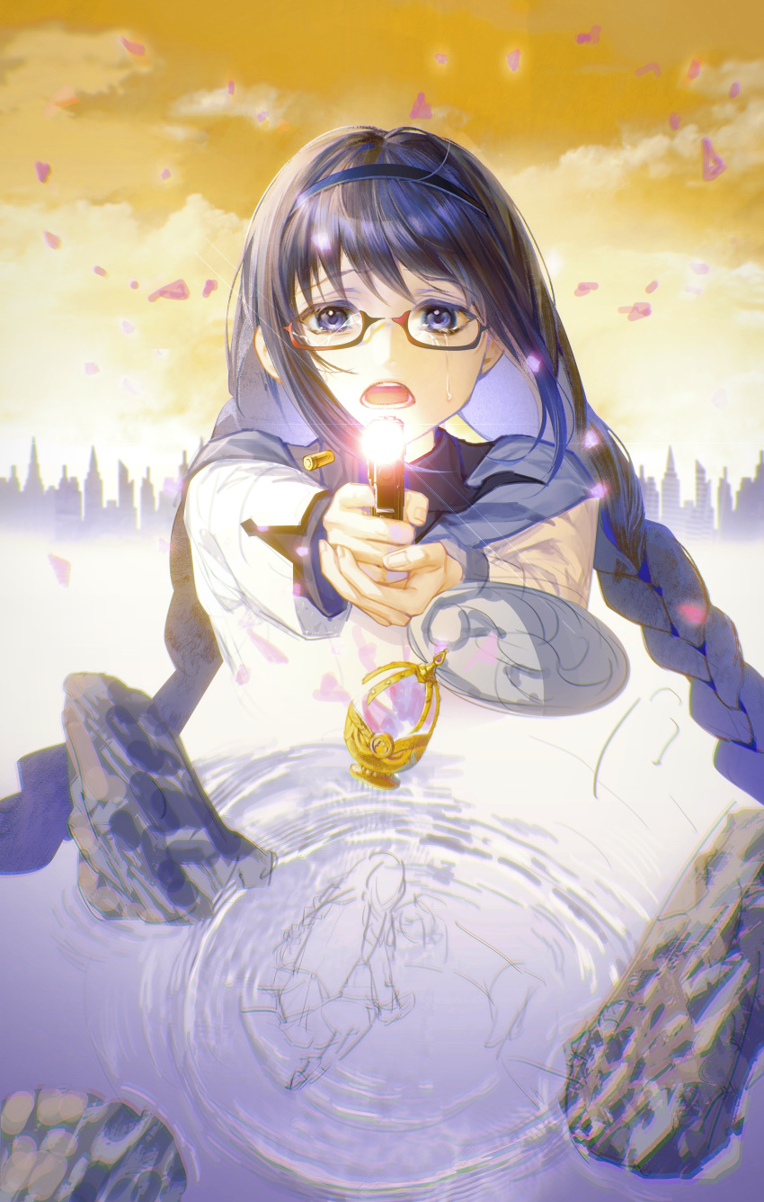 1girl absurdres aiming aiming_at_viewer akemi_homura bairenayou black_hair black_hairband blue_capelet blue_eyes braid bullet capelet chinese_commentary cloud collared_capelet commentary_request crying crying_with_eyes_open glasses glowing gun hairband highres holding holding_gun holding_weapon long_hair long_sleeves looking_at_viewer mahou_shoujo_madoka_magica mahou_shoujo_madoka_magica_(anime) open_mouth outdoors outstretched_arms own_hands_together red-framed_eyewear ripples rock sad semi-rimless_eyewear sky skyline solo soul_gem straight-on tears twin_braids under-rim_eyewear unfinished upper_body weapon yellow_sky