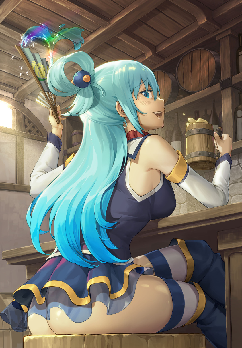 1girl absurdres aqua_(konosuba) ass bar_(place) bar_stool bare_shoulders beer_mug blue_eyes blue_footwear blue_hair blue_shirt blue_skirt boots breasts counter crossed_legs cup detached_sleeves folding_fan from_side hand_fan highres holding holding_cup holding_fan indoors kono_subarashii_sekai_ni_shukufuku_wo! lizart long_hair looking_at_viewer looking_back magic medium_breasts microskirt mug no_panties open_mouth pleated_skirt profile shirt sideways_mouth single_hair_ring sitting skirt solo stool thigh_boots thighhighs thighhighs_under_boots white_sleeves white_thighhighs zettai_ryouiki