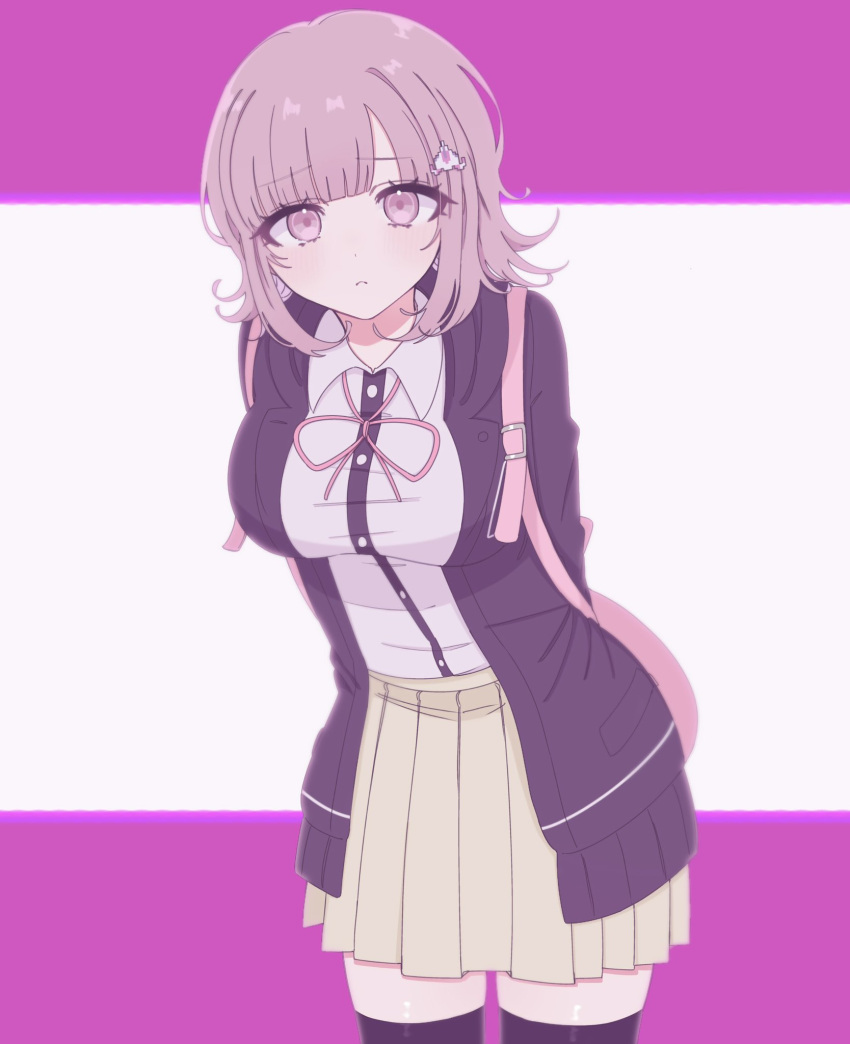 1girl bag blush breasts brown_hair chi_gu collared_shirt danganronpa_(series) danganronpa_2:_goodbye_despair flipped_hair galaga hair_ornament highres hood jacket long_sleeves looking_at_viewer medium_hair nanami_chiaki neck_ribbon open_clothes open_jacket pink_eyes pink_ribbon ribbon shirt skirt solo thighhighs white_shirt