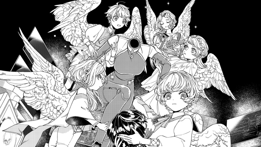 angel braid breasts closed_eyes decapitation elbow_gloves feathered_wings gloves greyscale head_removed holding_head imagawa900 medium_breasts monochrome short_hair wings