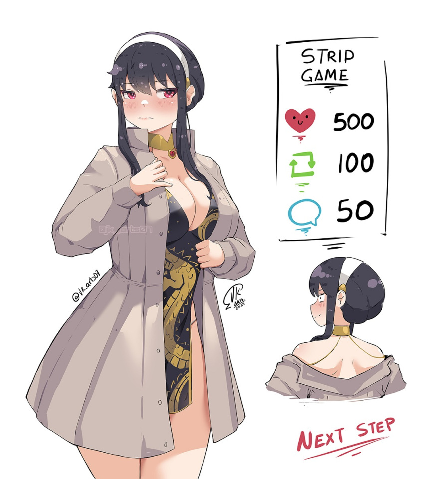 1girl black_dress black_hair blush breasts brown_coat china_dress chinese_clothes cleavage closed_mouth coat constricted_pupils dragon_print dress gold_collar hairband highres jk_arts large_breasts meme multiple_views open_clothes open_coat pink_eyes sidelocks spy_x_family twitter_strip_game_(meme) twitter_username watermark white_hairband yor_briar