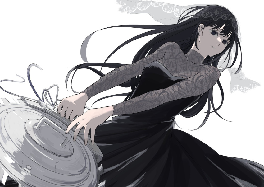 1girl black_dress black_hair breasts bridal_veil dress fishnet_dress fishnet_sleeves fishnets highres holding holding_weapon incoming_attack long_dress long_hair looking_at_viewer osaragi_(sakamoto_days) rokuen_skd sakamoto_days saw see-through see-through_dress veil weapon white_background