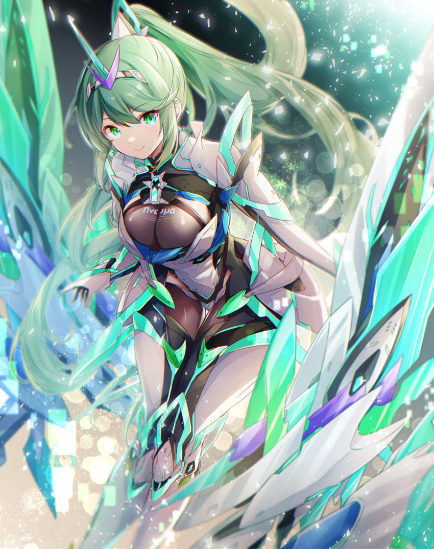 1girl armor armored_bodysuit black_bodysuit bodysuit breasts chest_jewel closed_mouth commentary_request core_crystal_(xenoblade) earrings gloves green_eyes green_hair highres jewelry large_breasts long_hair looking_at_viewer pneuma_(xenoblade) ponytail smile solo swept_bangs tiara ui_frara very_long_hair white_armor white_gloves xenoblade_chronicles_(series) xenoblade_chronicles_2