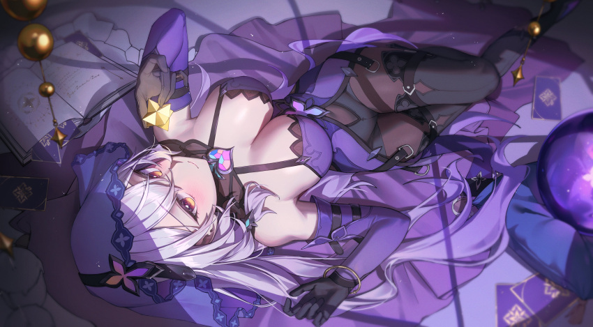 1girl absurdres bare_shoulders black_gloves black_swan_(honkai:_star_rail) breasts card cleavage dress elbow_gloves gloves hair_spread_out highres honkai:_star_rail honkai_(series) kongsi large_breasts long_hair looking_at_viewer purple_dress purple_gloves purple_hair purple_veil sleeveless sleeveless_dress solo stellated_octahedron veil