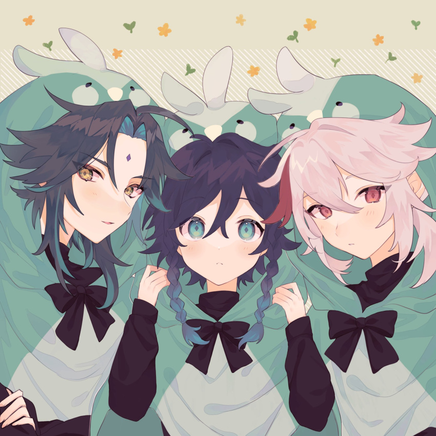 3boys alternate_costume animal_hood bird_hood black_hair blue_hair braid closed_mouth facial_mark forehead_mark genshin_impact gradient_hair green_eyes green_hair hair_between_eyes highres hood hood_up kaedehara_kazuha long_sleeves looking_at_viewer male_focus multicolored_hair multiple_boys parted_lips protected_link red_eyes red_hair simple_background streaked_hair tamamura_(tmmr5) twin_braids upper_body venti_(genshin_impact) white_hair xiao_(genshin_impact) yellow_eyes