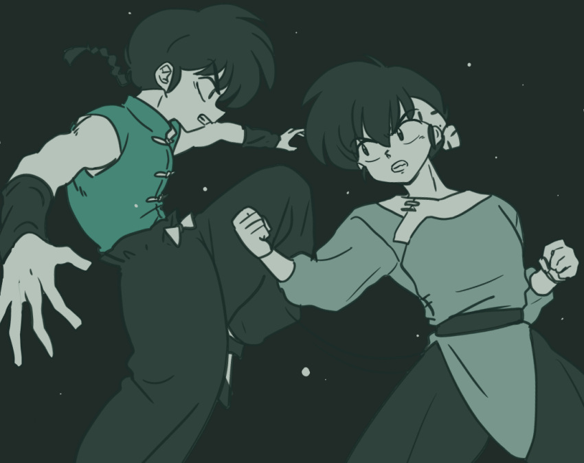 2boys belt black_belt black_footwear black_wristband braid braided_ponytail chinese_clothes clenched_teeth dotted_background fighting grimace headband hibiki_ryouga jumping monochrome multiple_boys outstretched_arms outstretched_hand pants punching ranma_1/2 saotome_ranma short_hair tangzhuang teeth wanta_(futoshi)