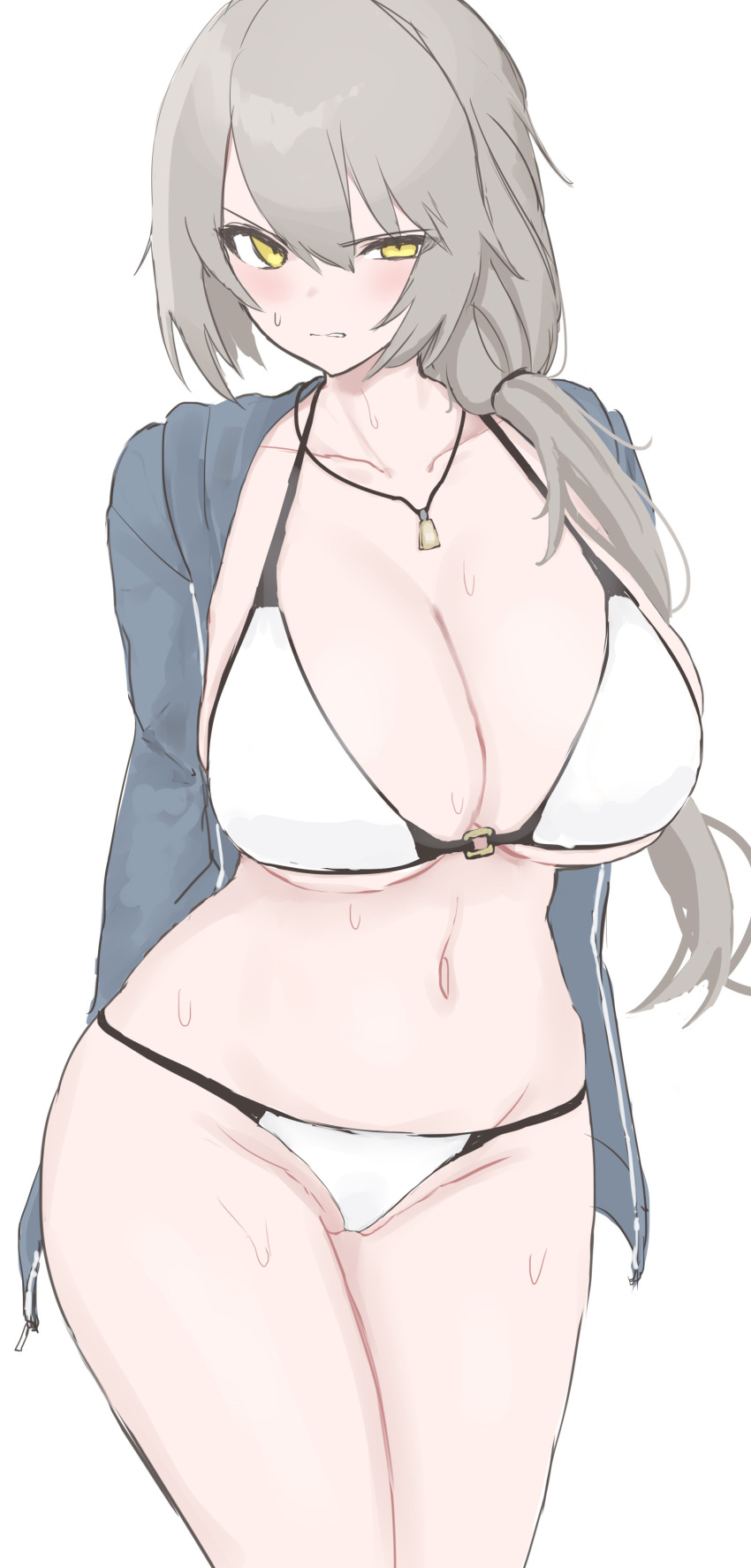 1girl absurdres bikini blue_jacket blush braid breasts ff_frbb122 girls'_frontline grey_hair groin highres jacket jewelry large_breasts long_hair looking_at_viewer navel necklace open_clothes open_jacket simple_background solo sweat swimsuit teeth ump40_(girls'_frontline) wet white_background white_bikini yellow_eyes