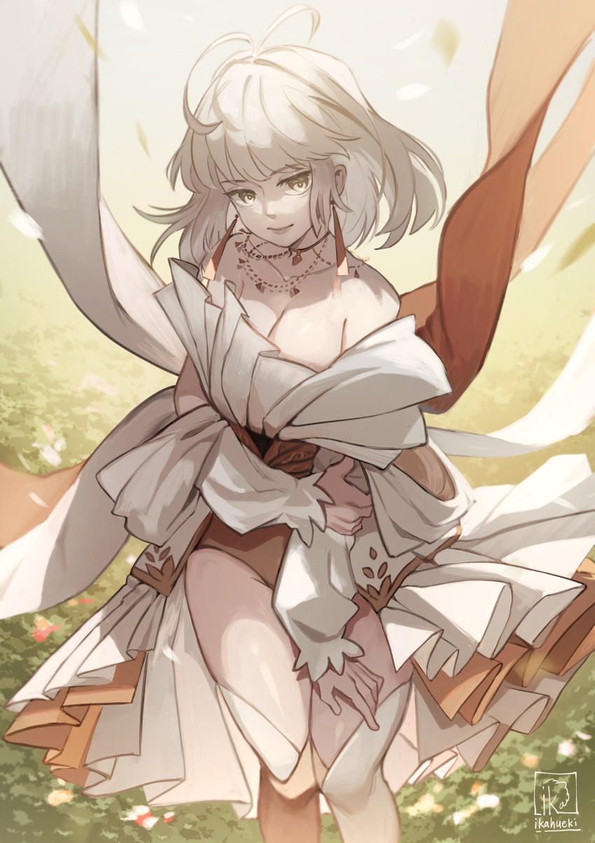 absurdres breasts dress earrings field flower flower_field frilled_sleeves frills hand_on_own_arm highres ikahueki jewelry layered_dress long_sleeves medium_breasts necklace original panties ribbon_earrings short_hair sunlight thighhighs thighs underwear white_dress white_hair yellow_eyes