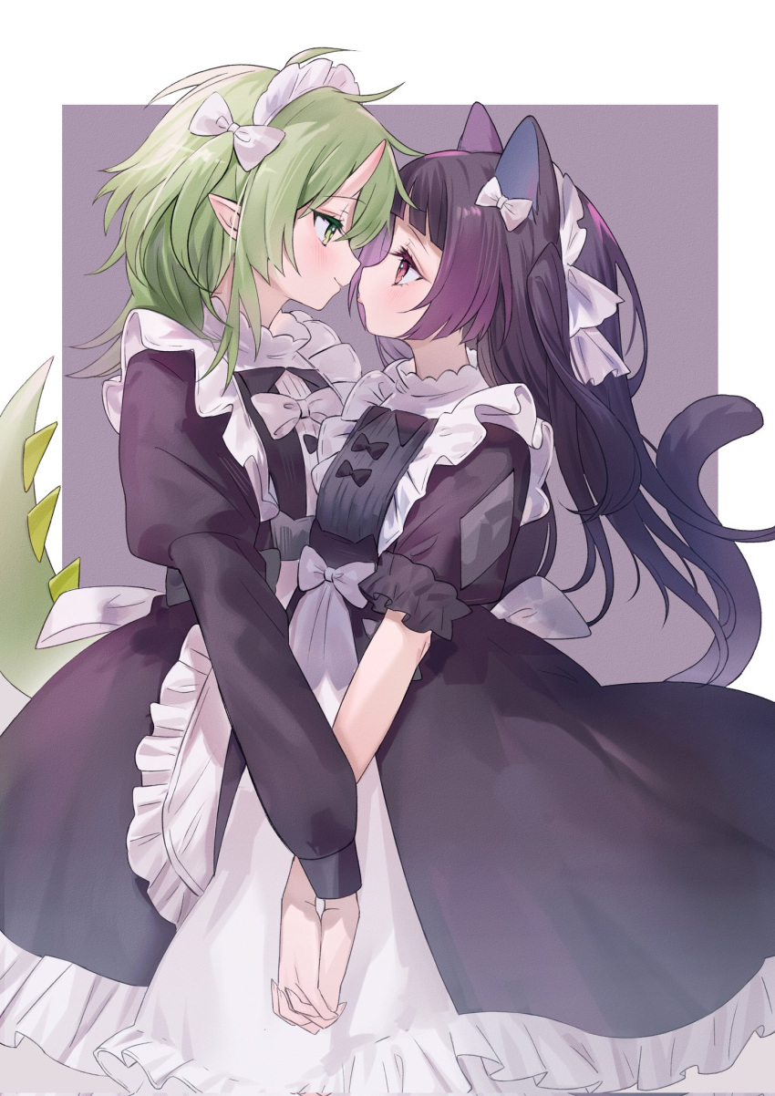 2girls animal_ears apron black_dress black_hair blush borrowed_character bow cat_ears cat_girl cat_tail chiyuki0321 closed_mouth commentary dragon_tail dress english_commentary eye_contact gradient_hair green_eyes green_hair hair_bow highres holding_hands horns interlocked_fingers juliet_sleeves long_hair long_sleeves looking_at_another maid_apron maid_headdress multicolored_hair multiple_girls original pointy_ears puffy_sleeves purple_eyes smile tail white_apron white_bow yuri