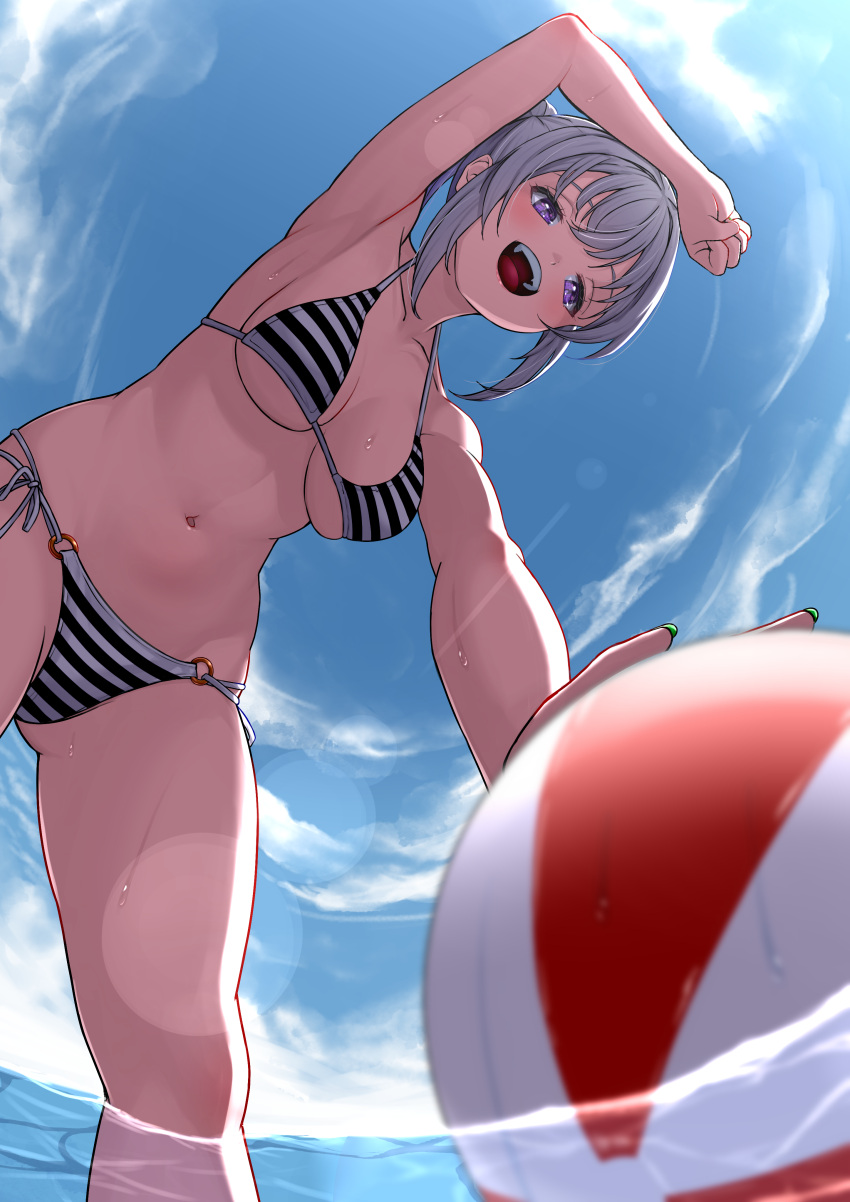 1girl absurdres armpits ball beachball bikini blue_sky breasts cloud day from_below grey_hair hair_bun highres medium_breasts open_mouth original outdoors partially_underwater_shot purple_eyes shimizu_keitaro side-tie_bikini_bottom sidelocks sky smile solo striped_bikini striped_clothes swimsuit teeth upper_teeth_only