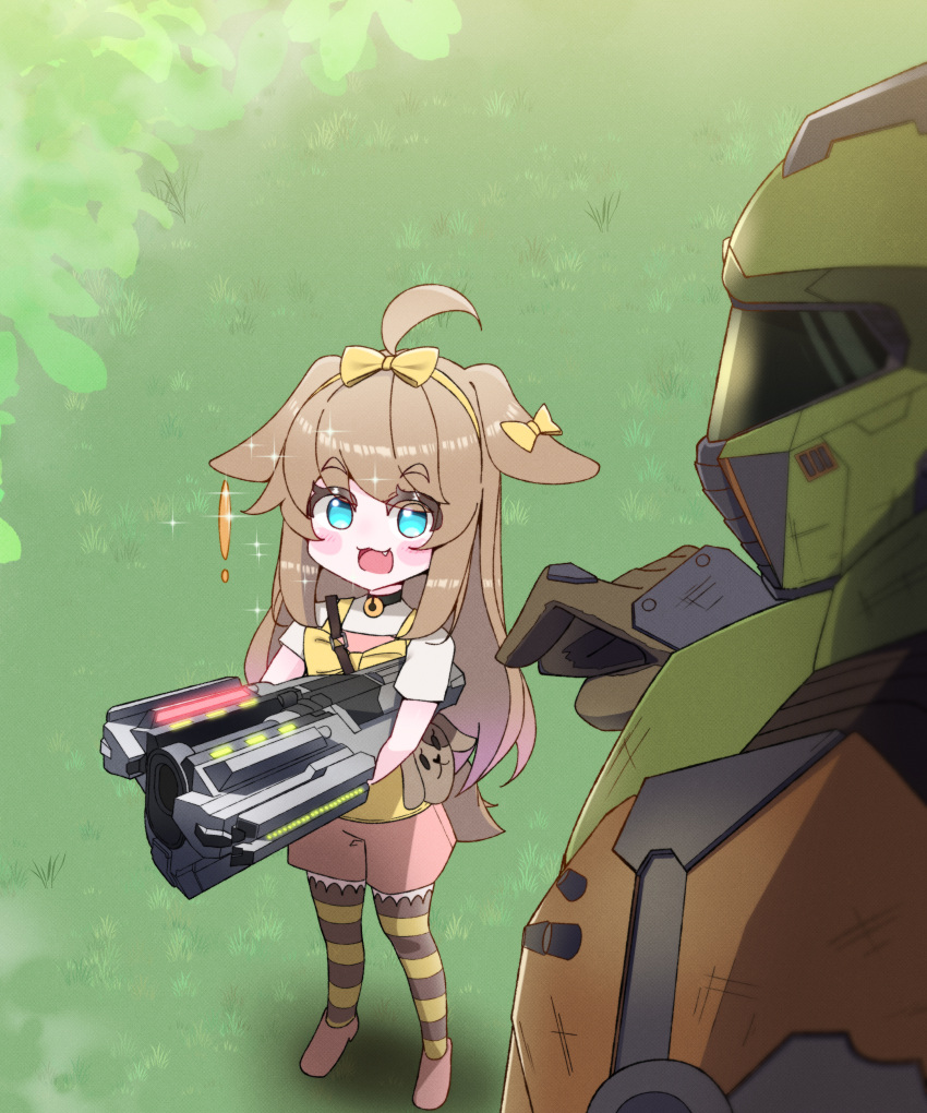 ! 1boy 1girl absurdres ahoge animal_ears bell bfg_9000 blue_eyes blush_stickers bow brown_hair butter_(trickcal) child choker crossover dog_ears dog_girl dog_tail doom_(2016) doom_(series) doomguy energy_gun fang gloves hair_bow helmet highres huge_weapon jingle_bell long_hair neck_bell open_mouth pantyhose pink_footwear pink_shorts pointing praetor_suit ribbon shirt shoes short_sleeves shorts size_difference smile space_marine striped_clothes striped_pantyhose tail trickcal weapon white_shirt yellow_shirt zayuex1a