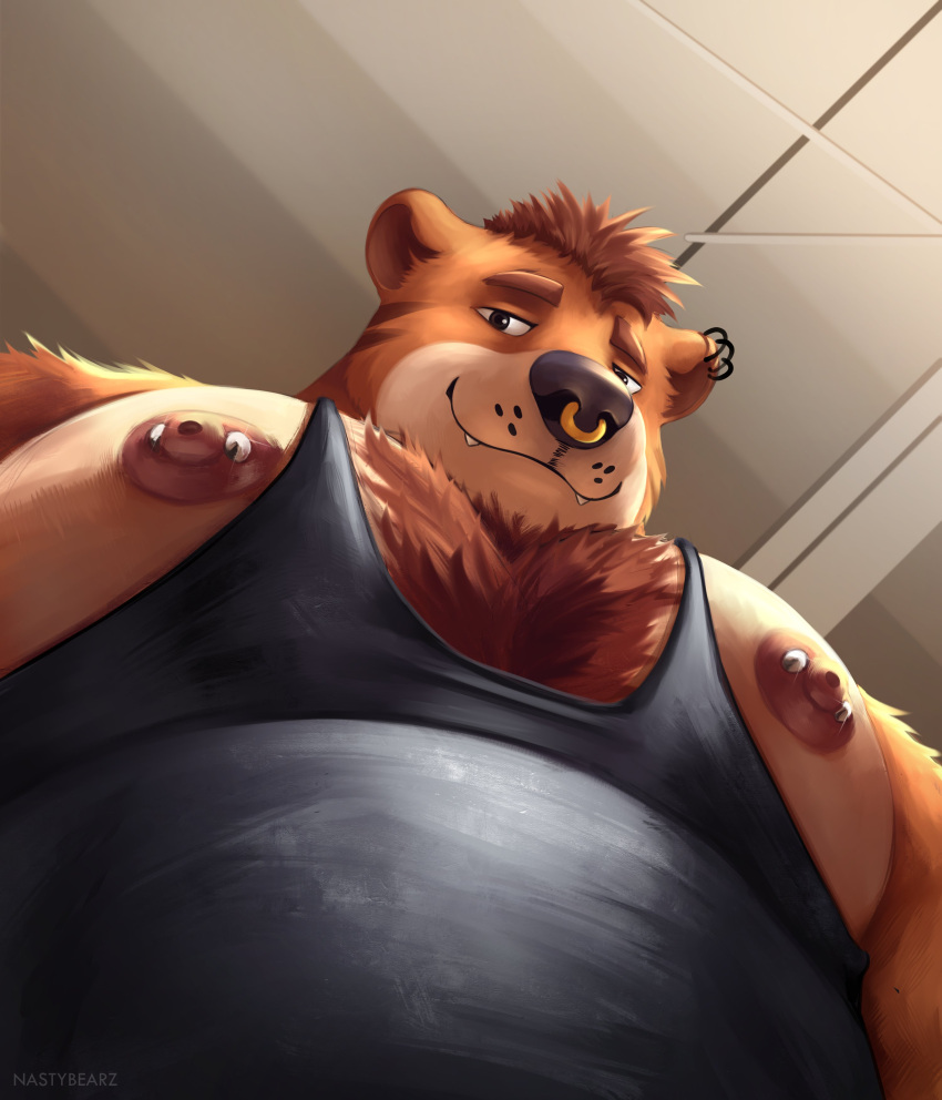 1boy absurdres animal_ears artist_self-insert bara barbell_piercing bear_boy bear_ears belly black_tank_top brown_fur chest_tuft earrings fang fang_out foreshortening from_below furry furry_male highres jewelry large_pectorals looking_at_viewer looking_down male_focus meme muscular muscular_male nastybearz nipple_slip nipples nose_piercing nose_ring original pectoral_cleavage pectoral_focus pectorals photo-referenced piercing plump short_hair sidepec smirk solo tank_top thick_eyebrows upper_body yur_oc_like_this_(meme)