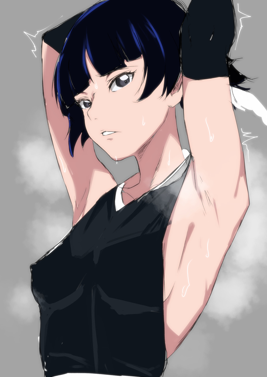 1girl absurdres armpits arms_up black_hair bleach blunt_bangs breasts commentary_request covered_nipples elbow_gloves gloves grey_background grey_eyes highres japanese_clothes looking_at_viewer motion_lines parted_lips pxo6ri4xwwmhkgu short_hair short_hair_with_long_locks sideless_outfit simple_background sleeveless small_breasts solo steam steaming_body sui-feng sweat upper_body