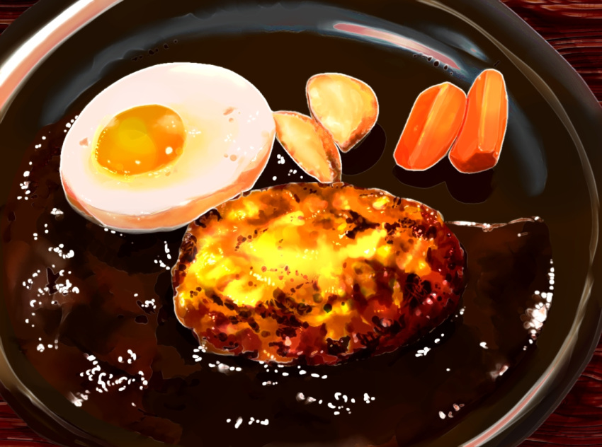 carrot carrot_slice egg_(food) food food_focus fried_egg frying-ammonite hamburger_steak no_humans original potato potato_wedges sauce still_life