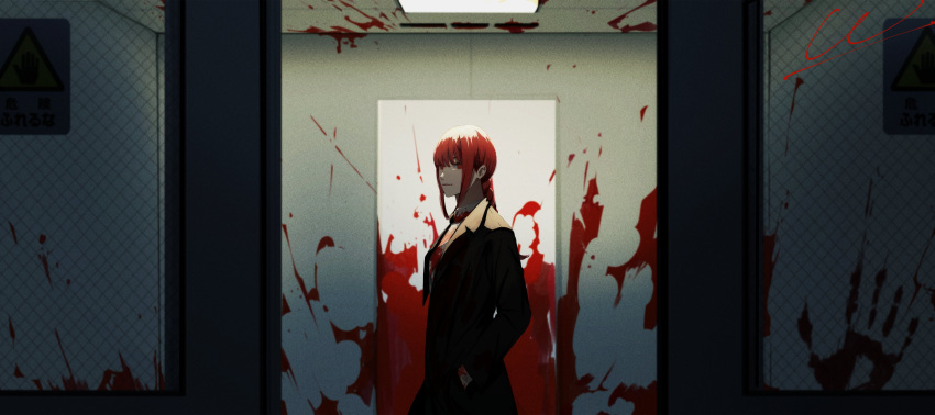 1girl absurdres black_suit blood blood_on_glass blood_on_wall braid ceiling chainsaw_man closed_mouth cowboy_shot highres kkno_k light looking_at_viewer makima_(chainsaw_man) red_eyes red_hair single_braid solo suit train_interior vehicle_interior wide_shot
