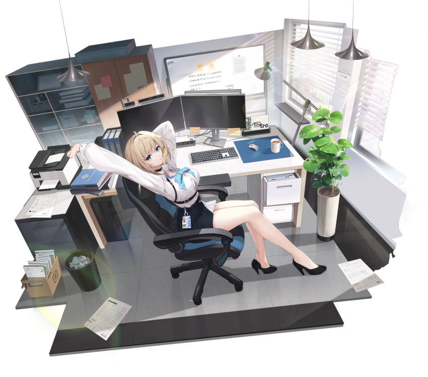 absurdres blonde_hair blue_eyes chair high_heels highres keyboard_(computer) leaning_back office office_chair plant sitting swivel_chair trash_can whiteboard