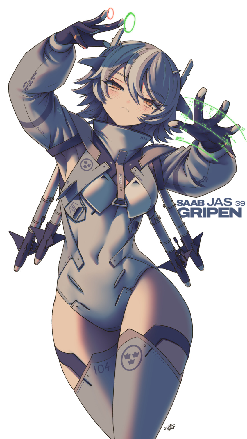 1girl absurdres coat_of_arms covered_navel english_commentary frown gloves grey_hair half-closed_eyes headgear highres hologram leotard looking_at_viewer missile orange_eyes original personification saab_gripen short_hair signature solo thighhighs tre_kronor white_background zhvo