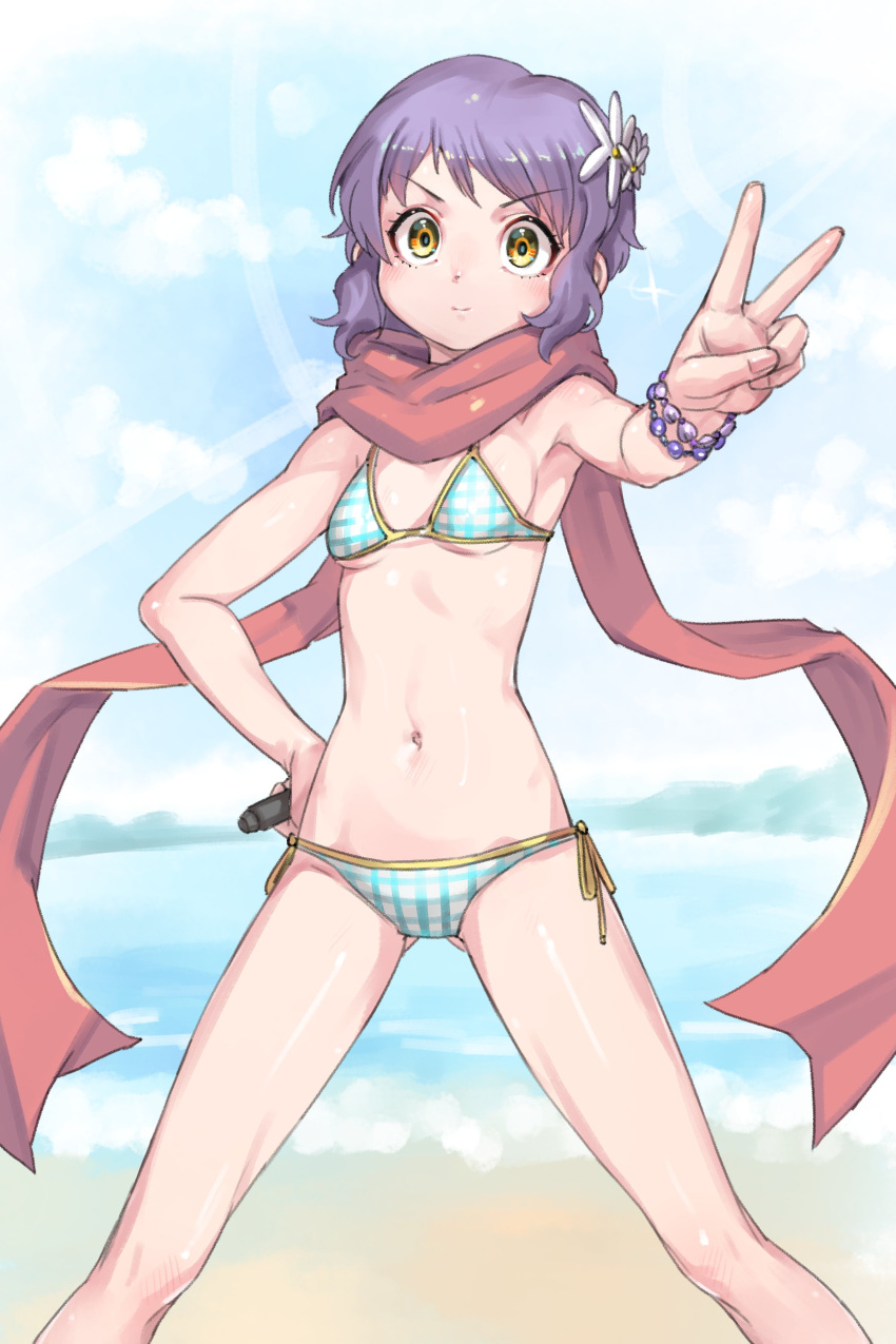 1girl absurdres armpits ass_visible_through_thighs beach bikini blue_bikini blue_sky bracelet breasts checkered_bikini checkered_clothes cloud commentary day flower hair_flower hair_ornament hand_on_own_hip hand_up highres hold111 holding holding_microphone idolmaster idolmaster_million_live! jewelry legs makabe_mizuki microphone navel ocean outdoors pink_scarf purple_hair scarf short_hair side-tie_bikini_bottom sidelocks sky small_breasts smile solo sunlight swimsuit symbol-only_commentary thighs v v-shaped_eyebrows wavy_hair yellow_eyes