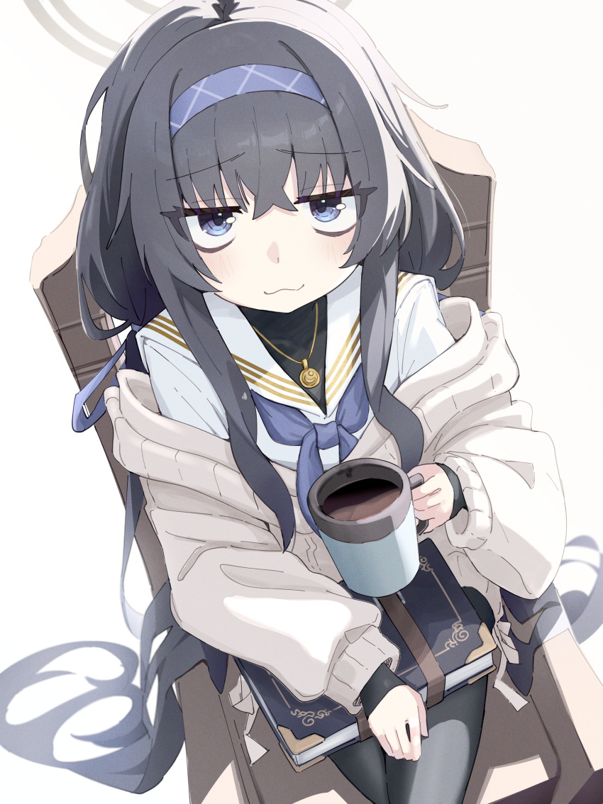 1girl :3 absurdres bags_under_eyes black_hair blue_archive blue_eyes coffee_mug crossed_bangs cup eyelashes hair_between_eyes hairband highres holding holding_cup jewelry kilabo long_hair messy_hair monochrome mug necklace school_uniform serafuku sidelocks smug ui_(blue_archive)