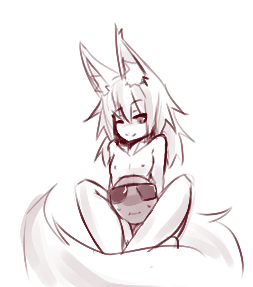 ambiguous_gender animal_humanoid anon big_tail breasts canine duo eyewear female fox fox_humanoid humanoid inner_ear_fluff looking_down mammal monochrome nipples on_shoulders one_eye_closed simple_background sketch small_breasts smile sub-res sunglasses white_background