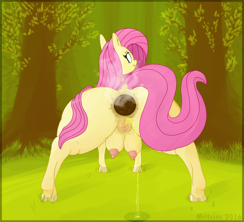 anus breasts clitoris conditional_dnp equine feces female feral fluttershy_(mlp) friendship_is_magic fur hair hooves mammal mittsies my_little_pony nipples pegasus pink_hair pussy rear_view scat solo urine watersports wings yellow_fur
