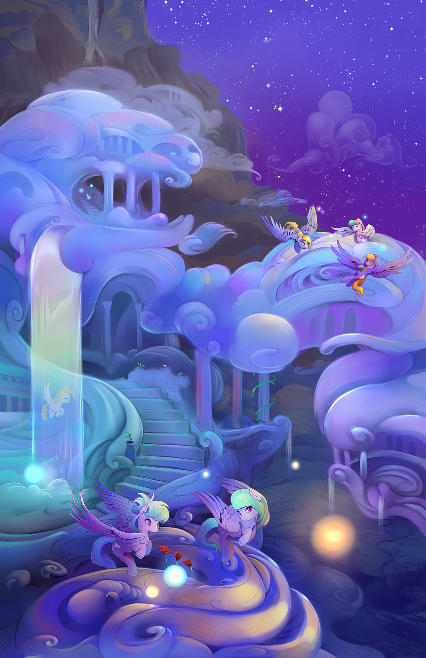blonde_hair blossomforth_(mlp) cloud_chaser_(mlp) cloud_kicker_(mlp) cutie_mark derpy_hooves_(mlp) detailed_background equine feathered_wings feathers feral flitter_(mlp) flying food friendship_is_magic group hair mammal muffin my_little_pony night nude outside pegasus sky smile star starry_sky viwrastupr wings yellow_eyes