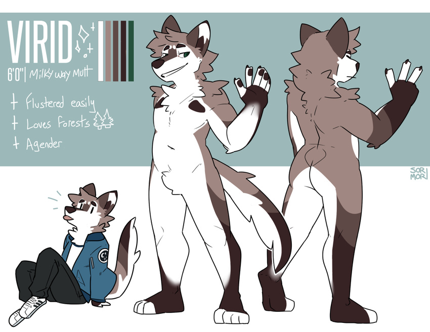 anthro canine clothed clothing english_text fur looking_at_viewer male mammal model_sheet nepetacide nude smile solo standing text