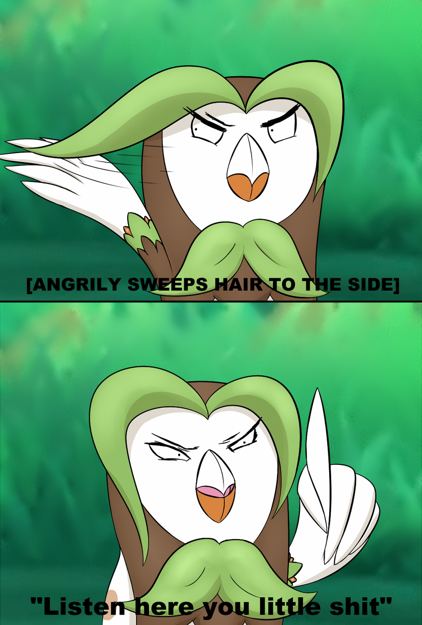 angry avian beak bird dartrix dialogue english_text humor image_macro meme nintendo owl pok&eacute;mon reaction_image rowlet solo testowepiwko text video_games