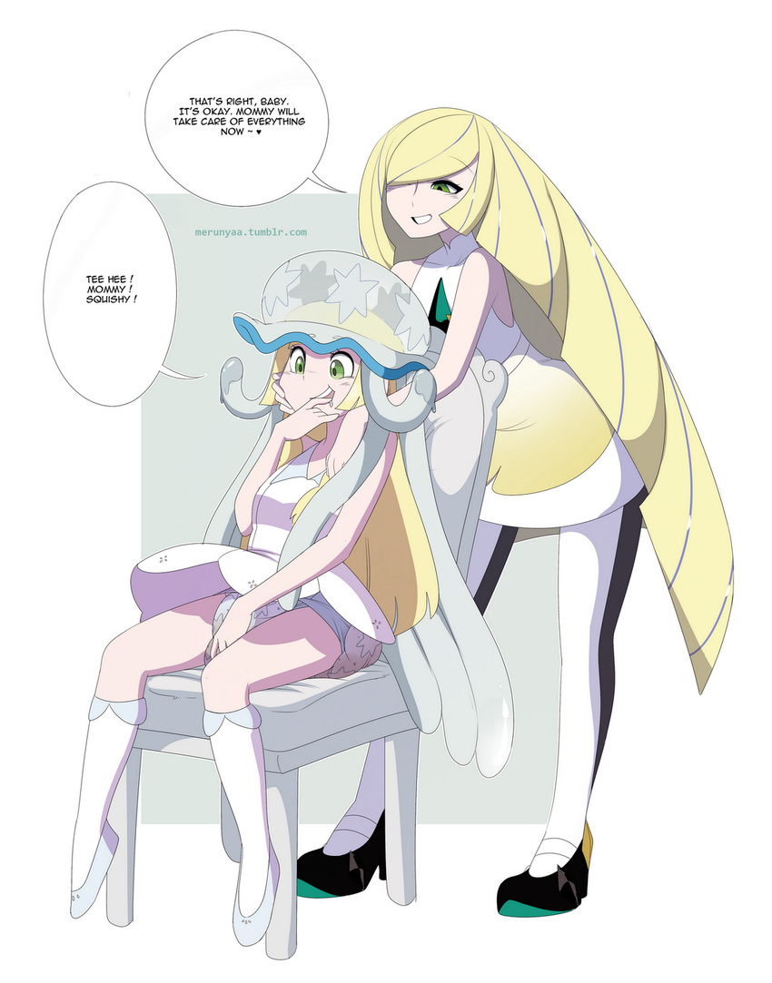 &lt;3 blonde_hair dialogue diaper english_text feces female green_eyes hair human lillie_(pokemon) lusamine mammal mature_female merunyaa messy_diaper mind_control mother nihilego nintendo parent pok&eacute;mon scat smile soiling text ultra_beast video_games