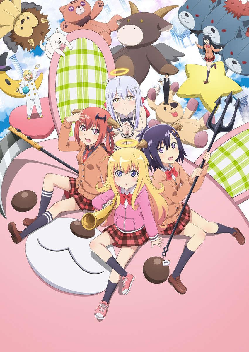 6+girls :3 :d absurdres ahoge angel angel_and_devil arm_up arms_behind_back bat_hair_ornament black_hair black_legwear black_ribbon blonde_hair blue_eyes bow bowtie brown_jacket cardigan charm_(object) chestnut_mouth chisaki_tapris_sugarbell column cross_hair_ornament crossed_legs demon_girl demon_horns dog dog_(gabriel_dropout) employee_uniform eyebrows_visible_through_hair facial_hair fang formal gabriel_dropout hair_ornament halo hand_on_head helmet highres holding holding_helmet holding_tray holding_weapon horn_(instrument) horns iinchou_(gabriel_dropout) jacket key_visual kneehighs kneeling kurumizawa_satanichia_mcdowell leg_up loafers long_hair master_(gabriel_dropout) miniskirt multiple_boys multiple_girls mustache neck_ribbon official_art open_mouth outstretched_arms own_hands_together parted_lips pillar pink_sweater pitchfork plaid plaid_skirt pleated_skirt red_bow red_skirt ribbon school_uniform scythe shiraha_raphiel_ainsworth shirt shoes silver_hair sitting skirt smile spacesuit standing standing_on_one_leg star_pillow sweater teapot tenma_gabriel_white tray tsukinose_vignette_april uniform vest waving weapon white_shirt yellow_eyes