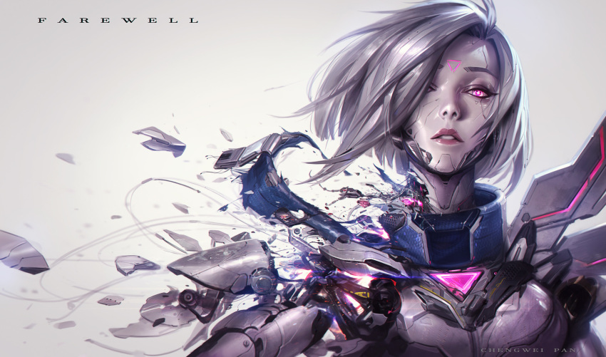 1girl alternate_costume alternate_hair_color android artist_name breasts cable chengwei_pan cyberpunk cyborg damaged fiora_laurent floating_hair glowing glowing_eyes hair_over_one_eye highres league_of_legends looking_at_viewer mechanical_parts neon_trim parted_lips parts_exposed pink_eyes project:_fiora short_hair silver_hair simple_background solo upper_body wind