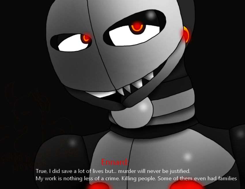 animatronic collar dialogue ennard_(fnafsl) five_nights_at_freddy's glowing glowing_eyes machine male red_eyes robot shadow_(artist) sharp_teeth shy sister_location teeth video_games