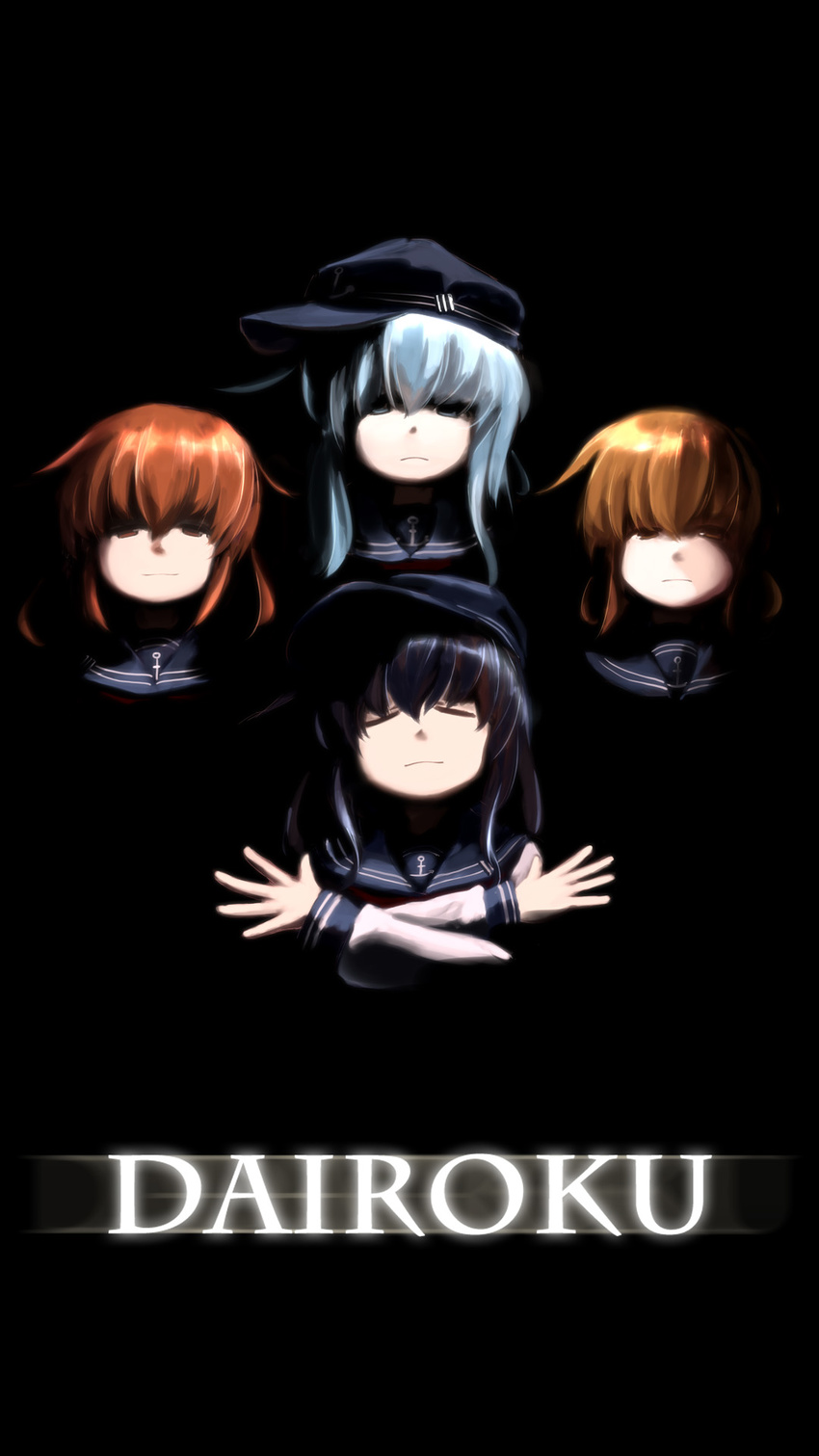 akatsuki_(kantai_collection) album_cover anchor_symbol black_background bohemian_rhapsody commentary_request cover face folded_ponytail hair_ornament hairclip hat hibiki_(kantai_collection) highres ikazuchi_(kantai_collection) inazuma_(kantai_collection) kantai_collection multiple_girls parody queen_(band) school_uniform serafuku tsubasa_(abchipika)