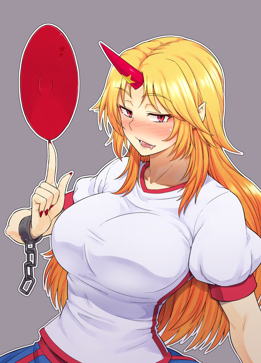 balancing blonde_hair blush breasts chain collarbone cuffs cup drooling fang fingernails grey_background highres horn hoshiguma_yuugi kakone large_breasts long_fingernails long_hair looking_at_viewer nail_polish oni open_mouth pointy_ears puffy_short_sleeves puffy_sleeves red_eyes sakazuki shackles sharp_fingernails shirt short_sleeves simple_background skirt slit_pupils smile solo star touhou upper_body white_shirt