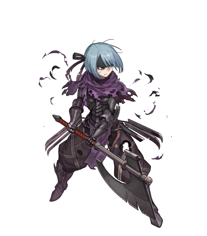 armor armored_boots axe berka_(fire_emblem_if) black_eyes blue_hair boots capelet fire_emblem fire_emblem_heroes fire_emblem_if full_body gloves headband highres injury lack official_art scar solo teeth torn_clothes transparent_background weapon