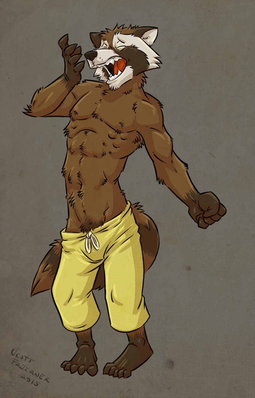 barefoot clothed clothing eyes_closed full-length_portrait guardians_of_the_galaxy low-riding male mammal marvel navel open_mouth pencil_(artwork) plantigrade portrait pubes raccoon rocket_raccoon scott_fabianek signature slim solo stretching topless traditional_media_(artwork) yawn