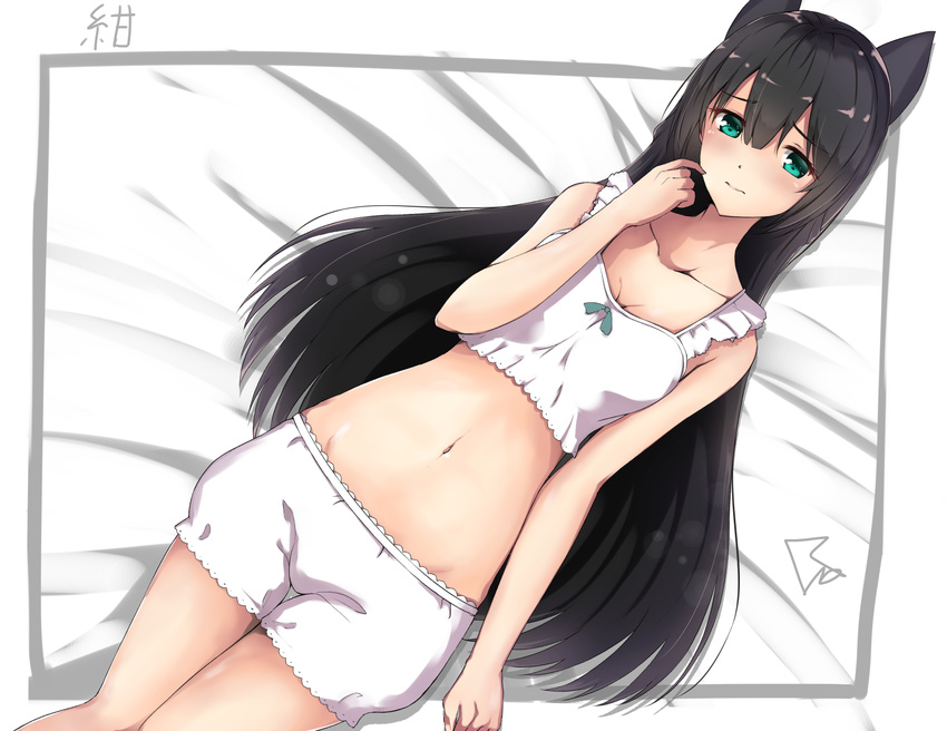 3: aqua_eyes bangs bed_sheet black_bow black_hair bloomers blush bow breasts camisole cleavage closed_mouth collarbone commentary_request eyebrows_visible_through_hair finger_to_cheek from_above groin hair_between_eyes hair_bow highres long_hair looking_at_viewer lying medium_breasts navel on_back raidensan signature solo stomach tatsumi_kon underwear underwear_only urara_meirochou white_bloomers