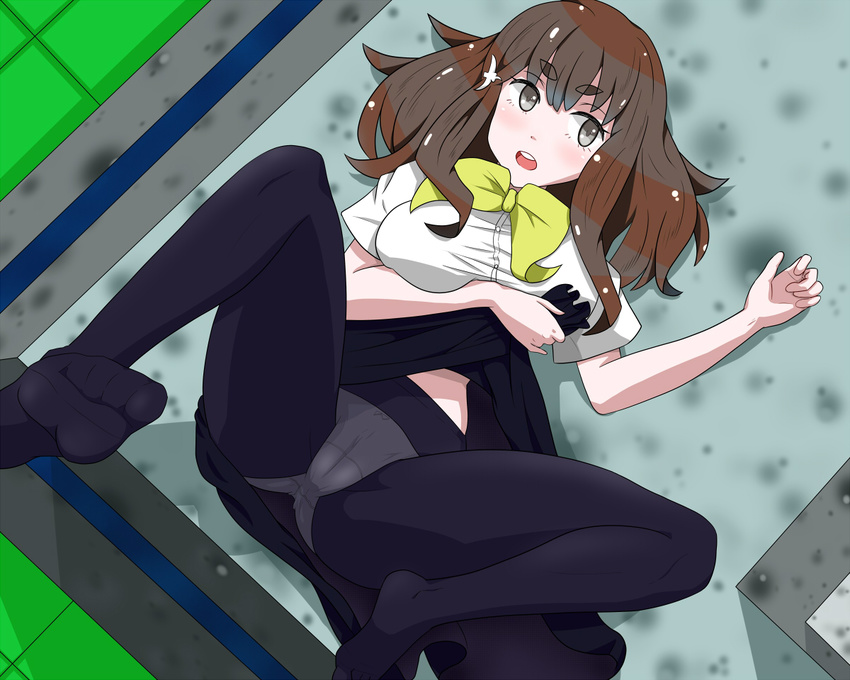 1girl :o ankles bangs black_legwear black_skirt bow bow_panties breasts brown_eyes brown_hair cameltoe eyebrows_visible_through_hair feet from_above gatchaman_crowds hair_ornament ichinose_hajime invitation kapo large_breasts leg_up long_hair lying no_shoes on_back open_mouth panties panties_under_pantyhose pantyhose pov_feet skirt skirt_lift solo white_panties yellow_bow